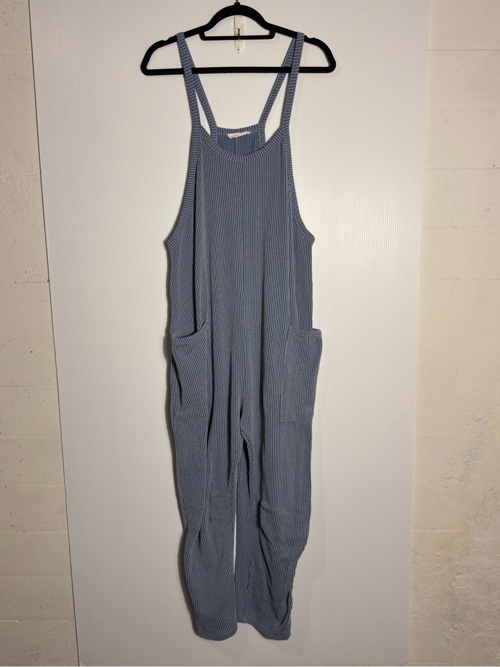Wasabi + Mint Womens Ribbed Overall Jumpsuit Size L Blue Pockets Cottagecore